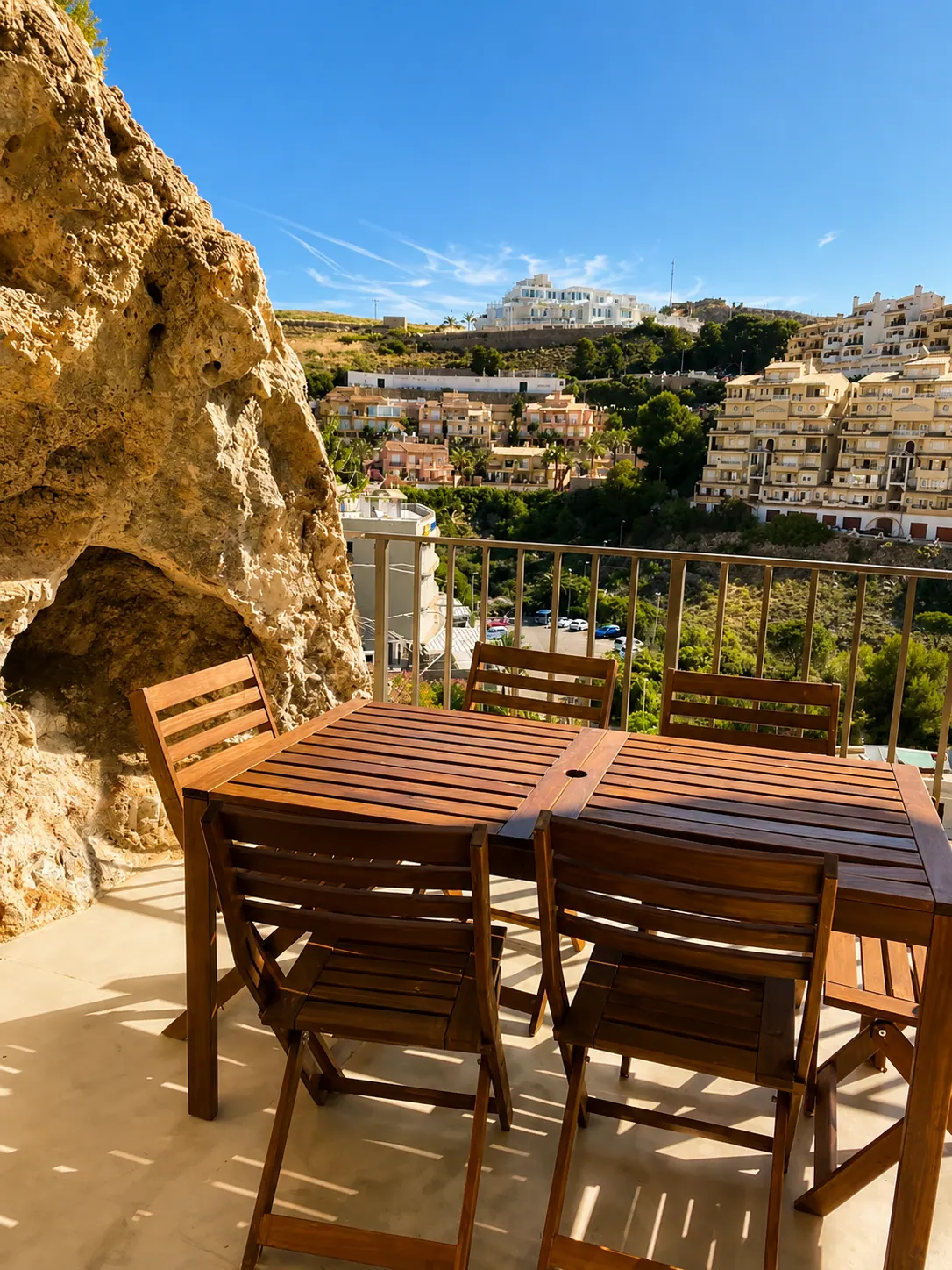 Mesa de madera para seis en la terraza junto a la roca del acantilado